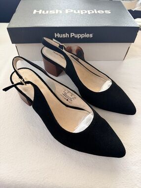Hush Puppies Sofie Pumps Women's Bold Black Suede Slingback Block Heel - 7